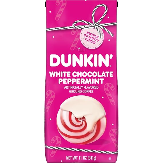 Dunkin White Chocolate Peppermint Artificially Flavored Ground Coffee Bag | 11 oz., Limited edition holiday coffee flavor, Medium roast, Made with arabica coffee, Shelf stable, SNAP EBT eligible