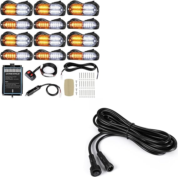 LINKITOM 12pcs Ultra Slim LED Emergency Beacon Strobe Lights with Waterproof Controller and 10 FT Extension Cable Wire Cord