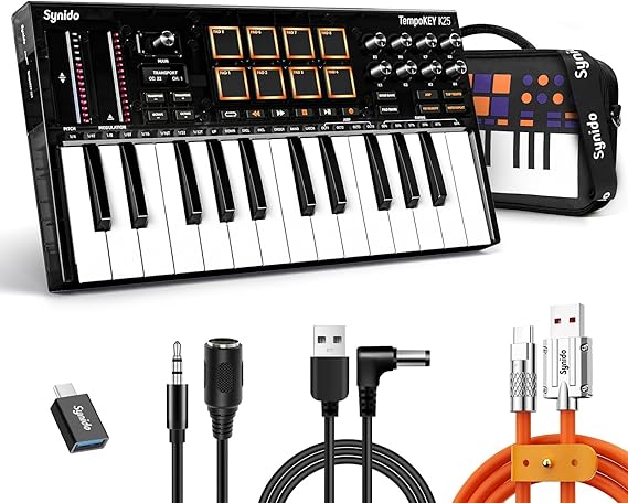Synido 25 Key USB MIDI Keyboard Controller with 25 Wide Keys, 8 RGB Drum Pads, Professional Mini Midi Keyboard with OLED Screen, Beat Maker Machine for Music Production, Black,TempoKey K25