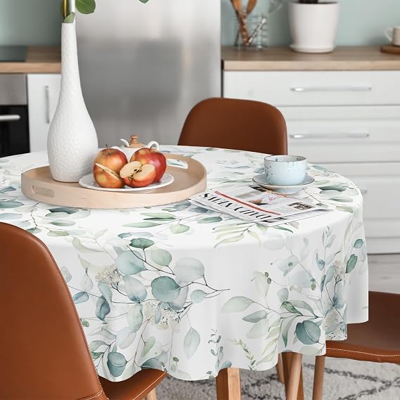 JoyPlus Sage Green Eucalyptus Leaves Tablecloth Waterproof Fabric,Rectangle Watercolor Oil-Proof Wrinkle Resistant Table Cover for Dining Table, Buffet Parties and Camping, Mint Color(60" inch Round)