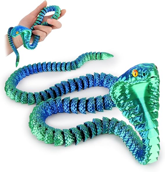 3D Printed Snake,23 Inch 3D Printed Animals,3D Printed Fidget Toys,Home Office Decor Executive Desk Crystal Cobra Toys Green Blue