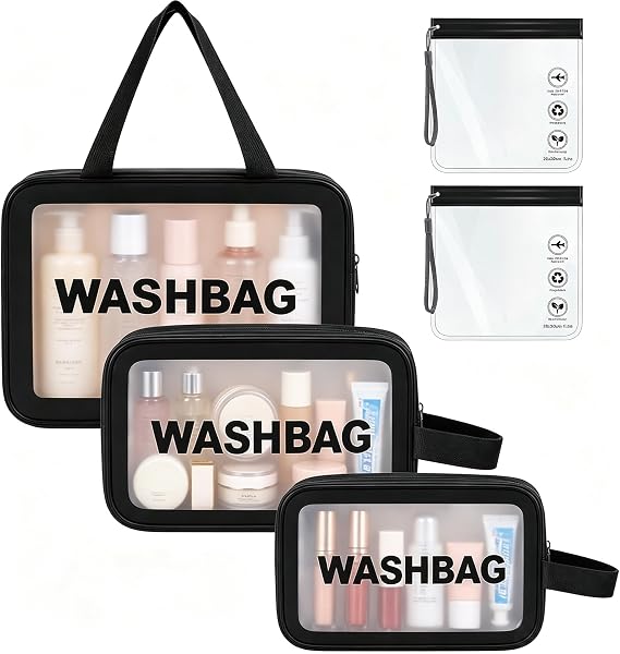 WUBAYI 5Pcs Clear Toiletry Bag, Waterproof PU Makeup Bag with Zipper Handle, Portable Airport Cosmetic Bag for Women & Men, Travel Accessories Wash Bag for Travelling & Holiday (Black)