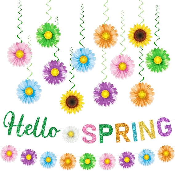 Spring Party Decorations, Hello Spring Decor include 2Pc Hello Spring Banner and 24Pc Hanging Spring Decorations, Flower Hanging Decorations Spring Decorations for Home Office Classroom