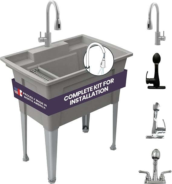 Freestanding Utility Sink with Stainless Steel Gooseneck Faucet - 32" Grey