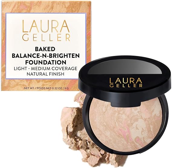 LAURA GELLER NEW YORK Award-Winning Baked Balance-n-Brighten Color Correcting Powder Foundation - Porcelain - Buildable Light to Medium Coverage - Demi-Matte Natural Finish