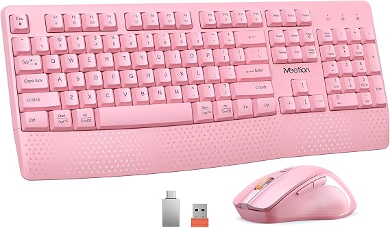 MEETION Wireless Keyboard and Mouse Combo, Full-Size with Wrist Rest, Pink | 2.4GHz USB receiver, 3 adjustable DPI mouse, comfortable typing, compatible with Windows, Mac, PCs and laptops