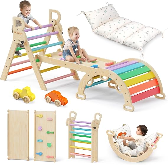 BlueWood Pikler Triangle Set with Cushion, Wooden Climbing Toys for Toddler