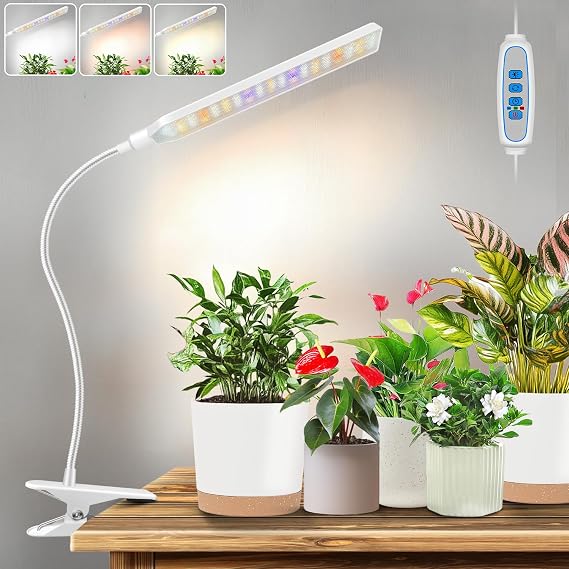 Kullsinss Clip-on Grow Light, 57 LEDs Full Spectrum Indoor Plant Lights | Growing Lamp with Red Blue Yellow White LEDs, Timer & Dimmable, White Gooseneck Plant Lamp for Succulents, Seed Starting [Energy Class F]