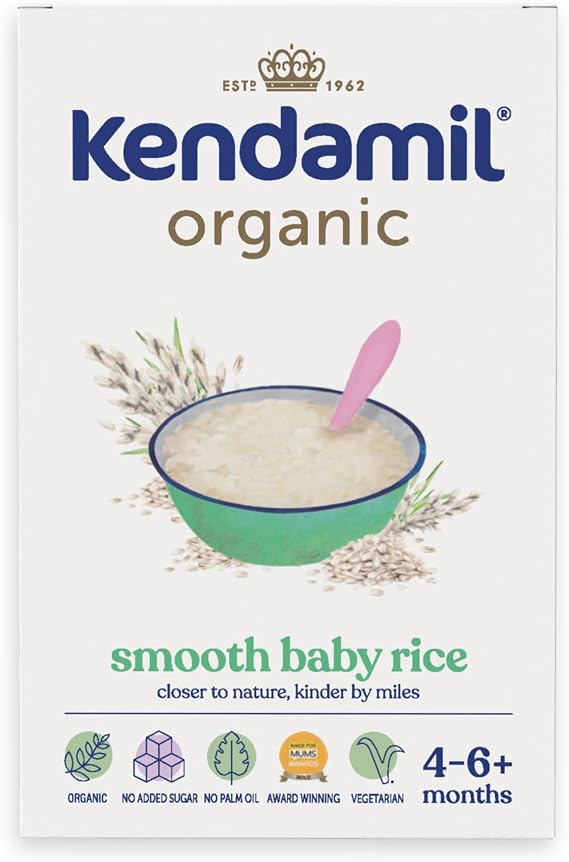 Kendamil Organic Smooth Baby Rice (4+ Months) – Organic First Stage Baby Weaning Cereal – Easy Just Add Water, Vegetarian Friendly – 7x120g