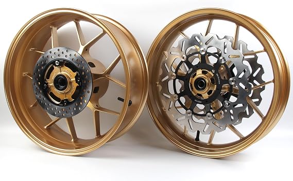 Gold Front Rear Wheel Rims and Brake Discs Rotors Compatible with Honda CBR600RR 2007-2017, Motorcycle Replacement Accessories Parts