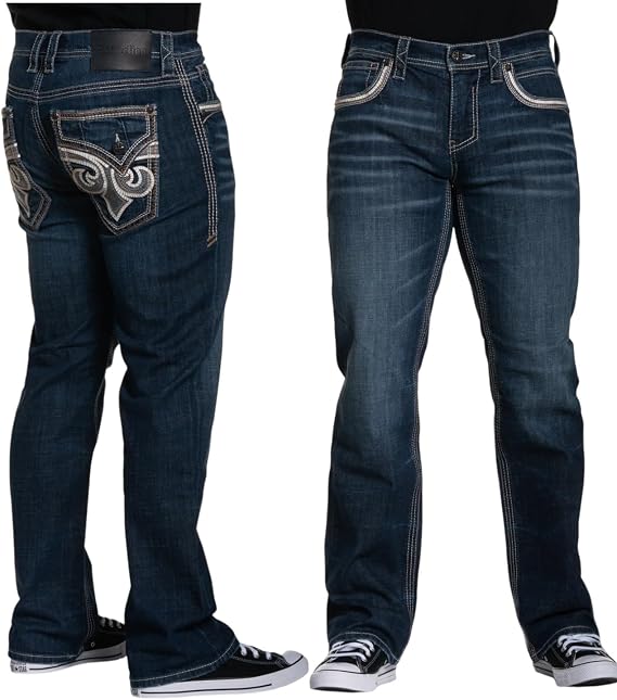 Affliction Men's Dark Wash Denim Jeans with Decorative Back Pockets, Straight Leg, Classic Fit