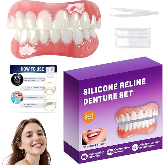 Silicone Dentures Teeth Top and Bottom Set,False Teeth Set Full Dentures,Fit Over Existing Teeth,Comfortable,Temporary Missing Tooth Replacement
