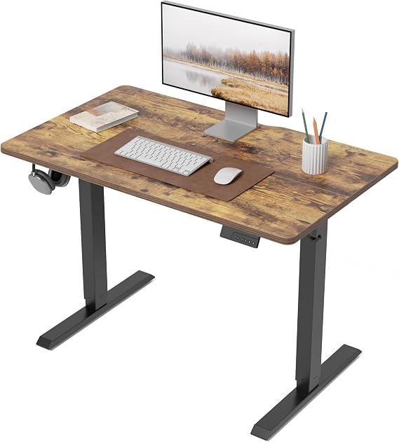 Cubiker Electric Standing Desk 100 x 60 cm, Height Adjustable Sit Stand Desk with Memory Presets, Home Office Computer Desk, Black Frame with Vintage Brown Top