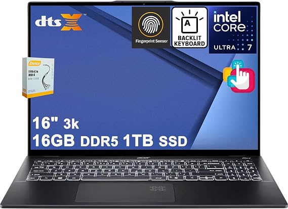Acer Swift 16 AI Laptop | 16" 3k OLED Touch (100% DCI-P3) | Intel 8-core Ultra 7 256V (Up to 47 AI Tops) | 16GB DDR5 1TB SSD | Backlit Fingerprint Thunderbolt QHD IR Camera Win11 w/DLCA Accessory