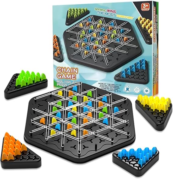 Chain Triangle Chess Game, Chain Link Game for Family Night | Strategy Triangle Game with Rubber Bands for Kids and Adults, 2 to 4 Players