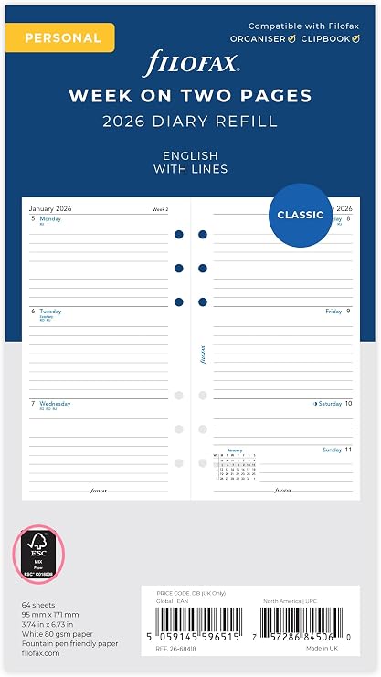 Filofax Personal week on two pages English lined 2026 diary 26-68418