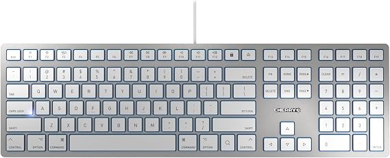 Cherry KC 6000 Slim for MAC, Wired Mac Keyboard with Number Pad, USB-A Connection, Whisper-Quiet Keys, Thin Design, SX Scissor Switches, QWERTY, Silver/White