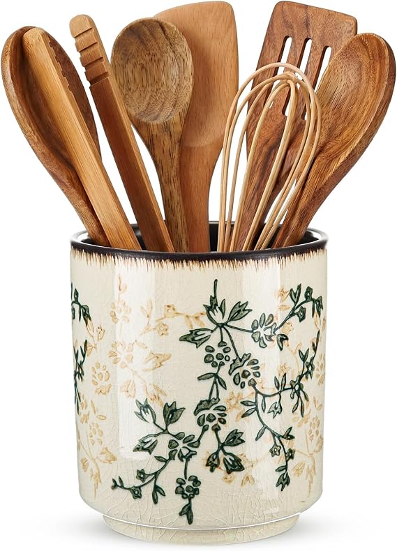 Rustic Ceramic Utensil Holder Brown Green Floral 5.5"