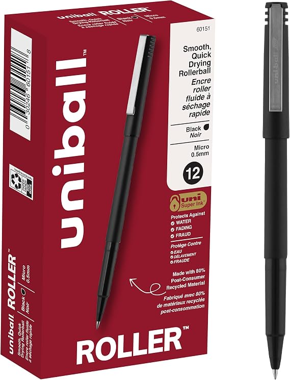 uniballTM Roller Rollerball Pens, Micro Point (0.5mm), Black, 12 Pack