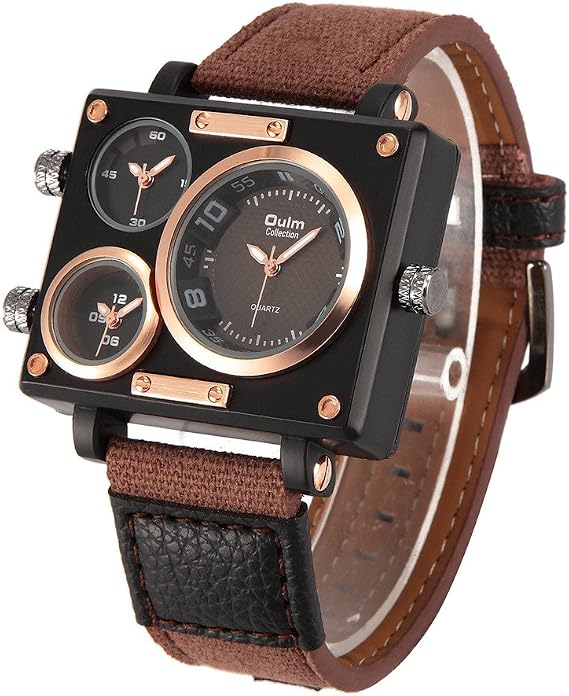 Oulm 3595 Mens Watch Analog Coffee Leather Strap 3 Sub-dials