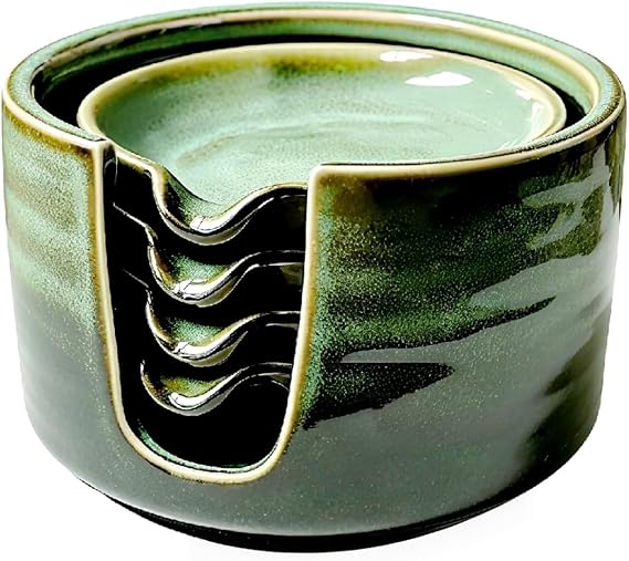WF Ceramic Spoon Rest, Stove Top Spoon Rest for Kitchen Counter, Cooking Utensil Set of 4, for a Tablespoon or Coffee Teaspoon (green)