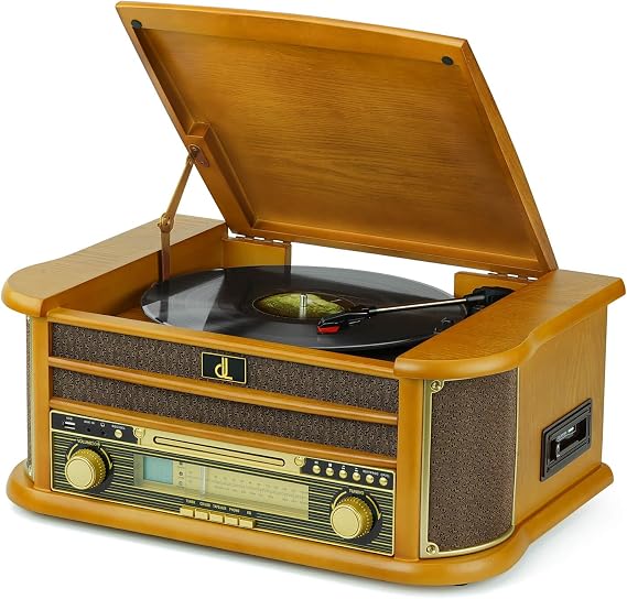 DL Retro Turntable with CD Player Cassette Deck AM/FM Radio and USB Digitization 3 Speeds (33/45/78 RPM) Stereo Speakers Line-Out Aux-In and Headphone Jack