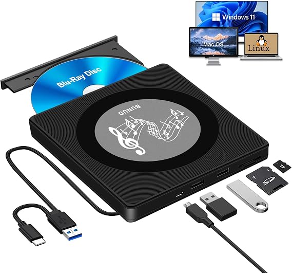 External Blu Ray CD DVD Drive, USB Blu Ray Drive External Bluray Burner Read/Write BD Player with 2 USB and TF/SD Slots, Optical Blue Ray CD DVD Reader for Laptop Apple PC Windows 11 MacBook Pro Air