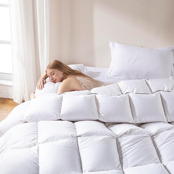 DOWNCOOL Feather Comforter King Size, 100% Cotton Cover, White 106"x90" | Soft Fluffy Duvet Insert King, All Season Medium Warmth Luxurious Hotel Bedding Comforter, 8 Corner Tabs
