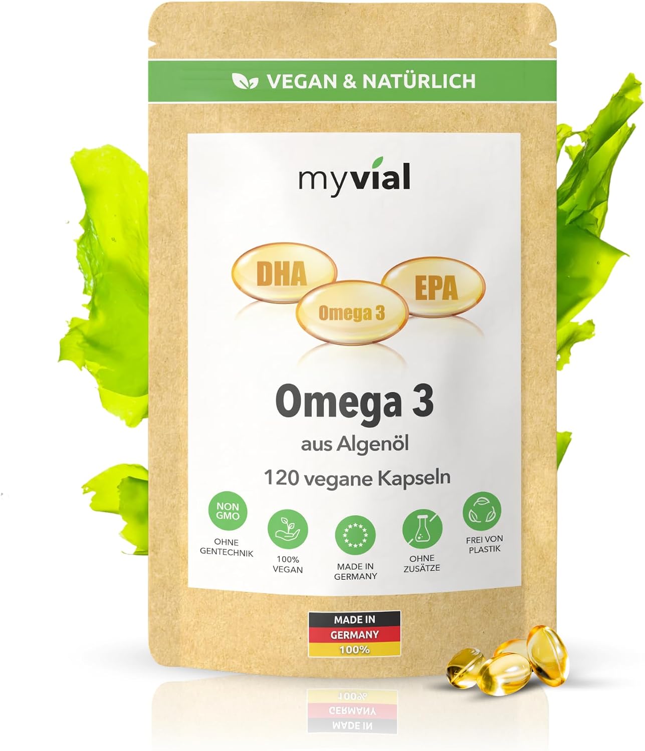 Omega 3 Capsules Vegan Pack of 120 - 600 mg EPA & DHA from Algae Oil - High Dose - Triglyceride Form - Sustainably Produced in Germany - No Additives - Laboratory Tested