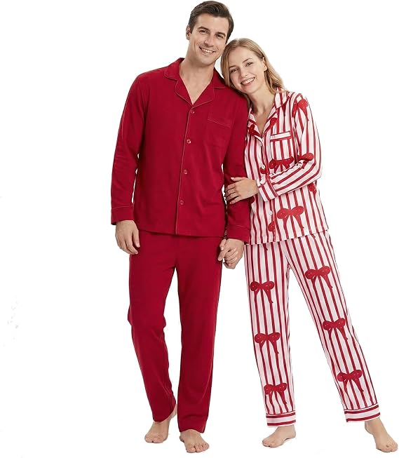 Matching Couples Pajamas Set - His and Hers Soft Button-Down Sleepwear Loungewear for Valentines Day, Christmas