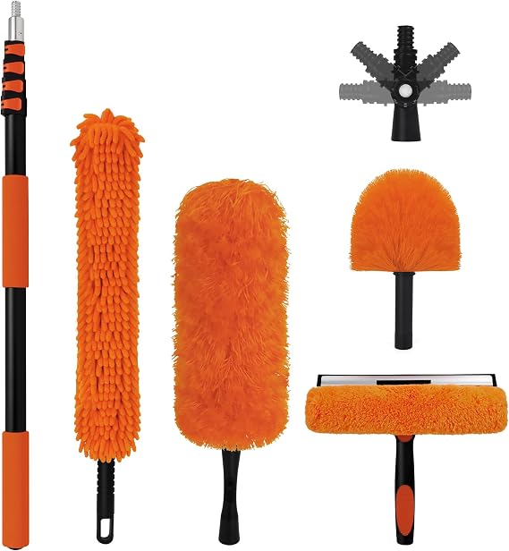 20FT High Reach Duster Cleaning Kit with 3-12FT Extension Pole, 4-in-1 Ceiling Fan Duster, Cobweb Remover, Bendable Feather Duster & Window Squeegee for High Ceilings, Walls and Outdoor Cleaning