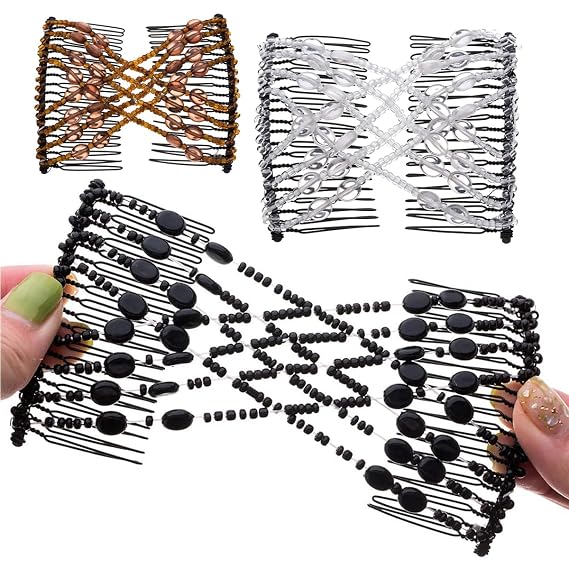 3Pcs Magic Easy Stretchy Hair Comb Beaded Double Combs Elastic Hair Clips Hairstyle Bun Maker for Women