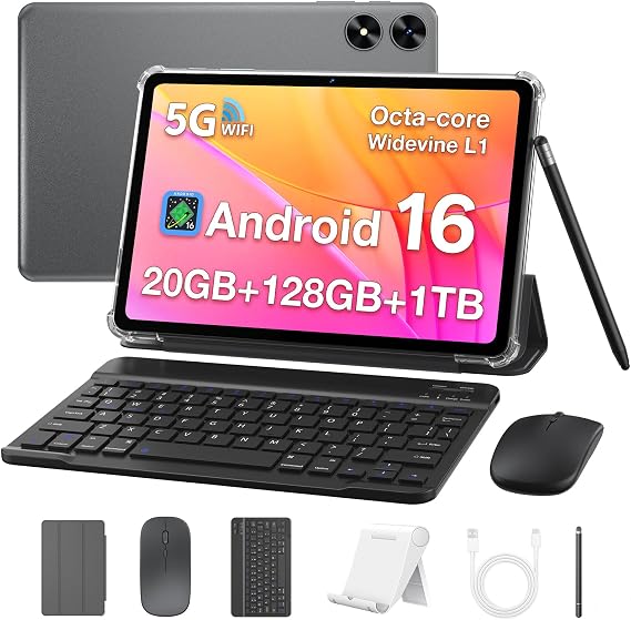 Android 16 Tablet,10 Inch Tablet with Keyboard, Octa-Core CPU | 20GB RAM 128GB ROM(1TB Expandable), 1280x800 IPS HD Screen, 10H Battery, 2.4/5G Wi-Fi, Keyboard, Mouse, Stylus, Case Included