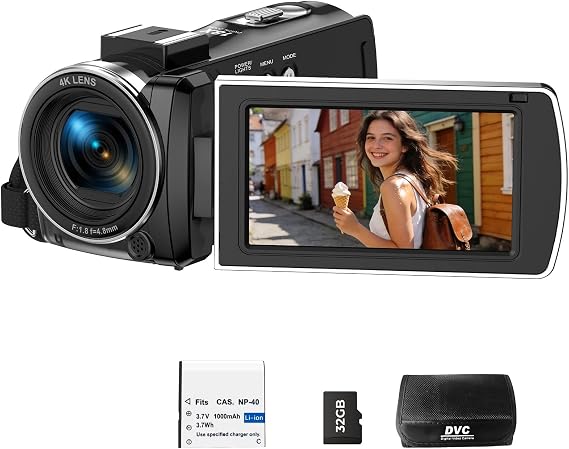Camcorder Video Camera 4K, 64MP Digital Camera for Vlogging, 18X Digital Zoom YouTube Camera 3 270 Rotation Screen Video Recorder with Battery, 32GB Card, Remote Control