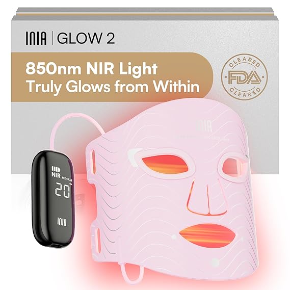 INIA Red Light Therapy Mask for Face, 850nm NIR, Red/Blue LED Light 4 Modes | Visible Results in Just 4 Weeks, 220 LEDs, 105mW/cm2 Output, 2600mAh Rechargeable Battery, 10-30min Timer, Auto Shut-off