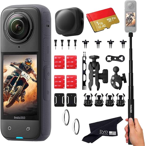 Insta360 X4 Motorcycle Bundle- 8K Waterproof 360 Action Camera with 1/2"" 48MP Sensors, 8K 360 HDR Video, |Includes Motorcycle Bundle, Selfie Stick, Lens Guard and Lens Cap (1TB), Black