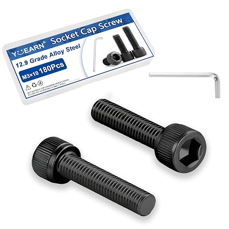 180Pcs M3x10mm Hex Socket Head Cap Screws Bolts,12.9 Grade Alloy Steel,Black Oxide Finish,Allen Socket Drive,Full Threads,with Hex Wrench, for Machinery, Automotive Engine Parts, Metal Fabrication