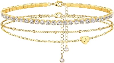 Yanoda Initial Ankle Bracelets for Women, 14K Gold Plated Waterproof Dainty Layered Heart Letter Initial Anklets Personalized Gifts