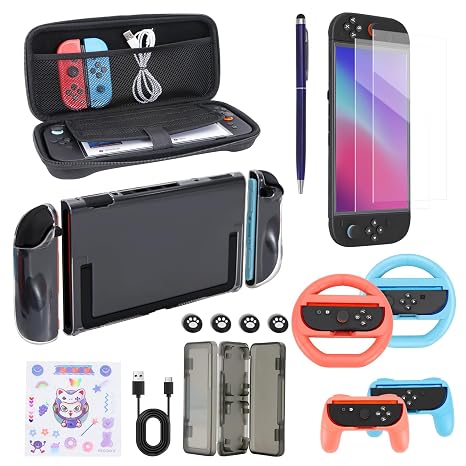 Switch 2 Accessories Bundle for Nintendo,18 in 1 Kit For Switch 2 Gamer:Carrying Case,Screen Protectors,Joycon Grips,Steering Wheels, Console Protective Cover,Stylus,Joycon Case
