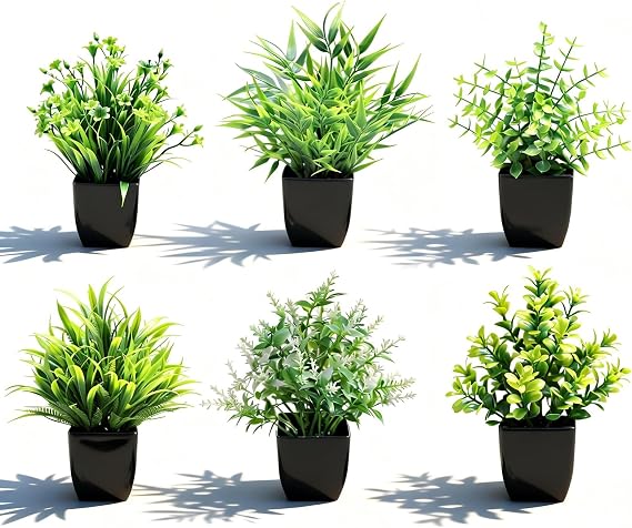 Fake Plants,6 Pack Small Potted Artificial Greenery Decor for Shelves Bathroom Desk Home Kitchen Office Table