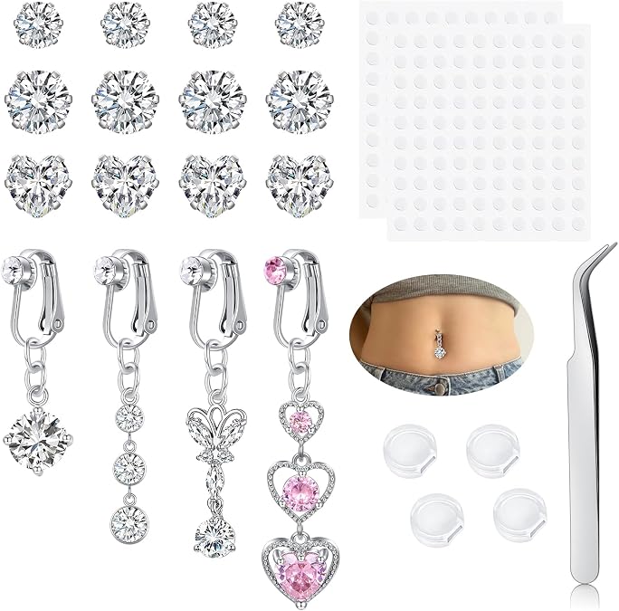 QWALIT Gold Fake Belly Piercing Cubic Zircon Butterfly Clip on Belly Button Rings Stick on Navel Ring Studsnon Piercing Fake Piercing Jewelry Pink Heart Silver Sticky Balls no Pierced