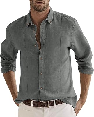 Mens Shirts Casual Cotton Linen Long Sleeve Button Down Tshirt Slim Fit Solid Collar Tee Tops Work Dress Shirt