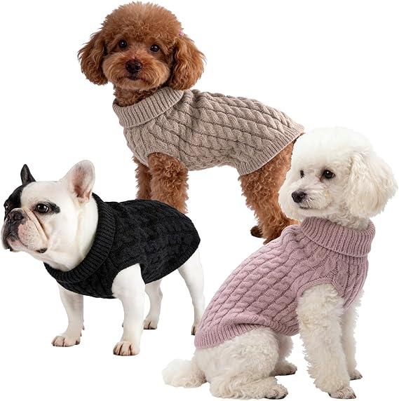 3 Pack Knitted Dog Jumpers, Turtleneck Winter Sweater Coat for Dogs Cats