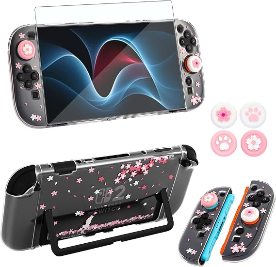 OLDZHU Protective Shell Compatible with Nintendo Switch 2,Pink Dockable Case Cover for Switch 2 with Glass Screen Protector and 4 Thumb Grips,Shock-Absorption and Anti-Scratch