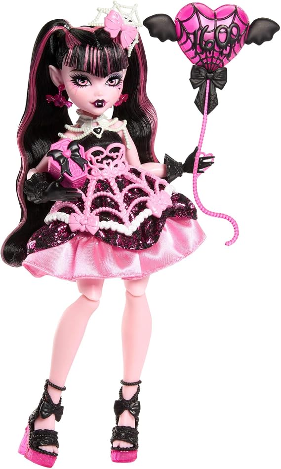 Monster High Scary Sweet Birthday Doll Draculaura in Pink Party Dress with Themed Accessories such as Invitation Balloon Gift Fans and More JBG74