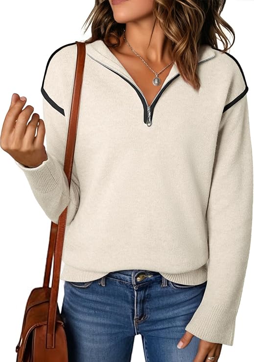 EVALESS Sweaters for Women 2026 Fashion Trendy Fall Winter Knit Pullover | V Neck Long Sleeve Dressy Casual Tops,Quarter Zip Collared,Lightweight Chunky Old Money Clothes,Work Business Holiday Outfits