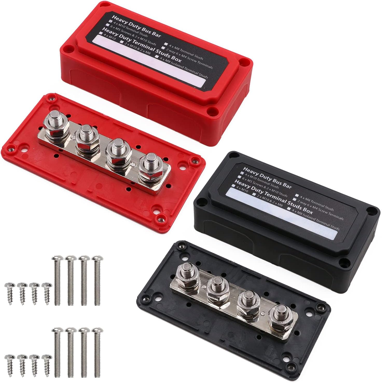 Busbar 12V-48V DC 300A with 4x M10 Studs Terminal Blocks, Heavy Duty Module Battery Bus Bar Power Distribution Block 300Amp with Cover for Car Truck Caravan Solar Boat Marine, Black& Red 2pack