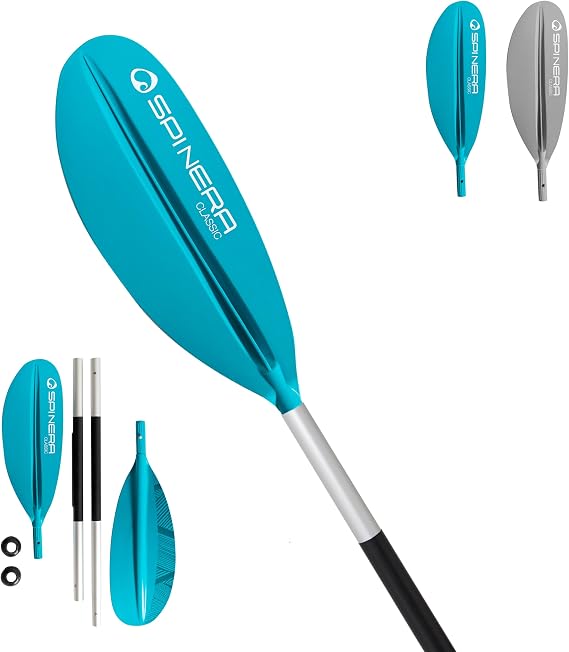 SPINERA Kayak Paddle Classic 240 cm - 4-Piece Aluminium Shaft PP + 40% FG Hammer Blade Can be Dismantled & Lightweight - For Beginners & Advanced Users Teal Colour - Robust Kayak Paddle