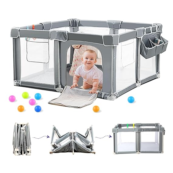 Foldable Baby Playpen 50x50 with Mat, Portable Play Yard | Ready out-of-box, breathable mesh, 4 gates, storage bag, 4 handlers, indoor/outdoor.