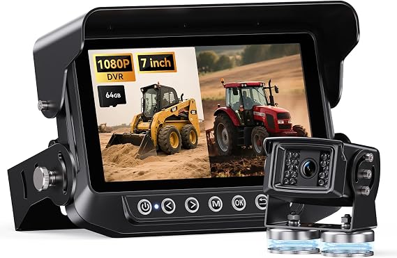 Skid Steer Backup Camera Dual-View 7 Inch 1080p HD, Magnetic Camera, and DVR Recorder for Farm Tractor Trucks, RVs, Trailers, and Farm Heavy Equipment